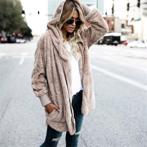 

women's jackets large size s-5xl faux fur teddy bear coat jacket women fashion open stitch winter hooded female long sleeve fuzzy jacke, Black;brown