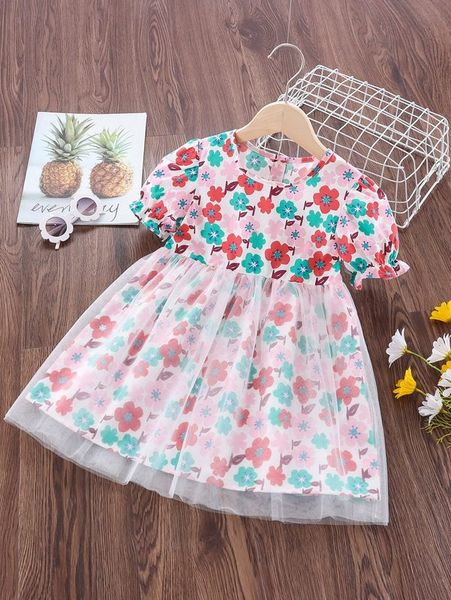 

toddler girls floral print flounce sleeve mesh overlay dress she, Red;yellow