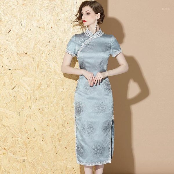 

2019hook print patchwork slim long cheongsam short sleeve stand-up cheongsam dress summer boutique retro women c11, Black;gray