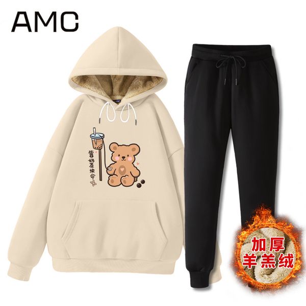 

sweater women's 2020 new autumn / winter cashmere thickened hooded cover korean loose casual sports suit, Gray