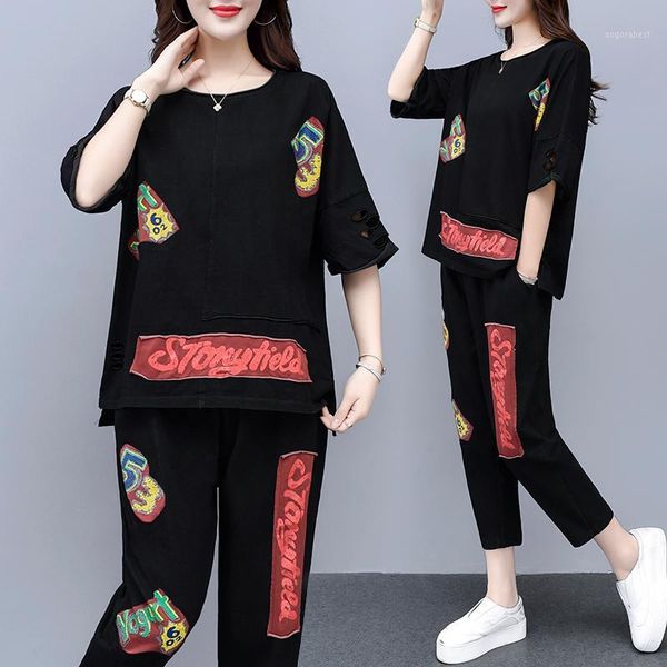 

mask summer women's fashion large size letters posted crop +pants suits female retro plus size loose 2 piece sets1, White