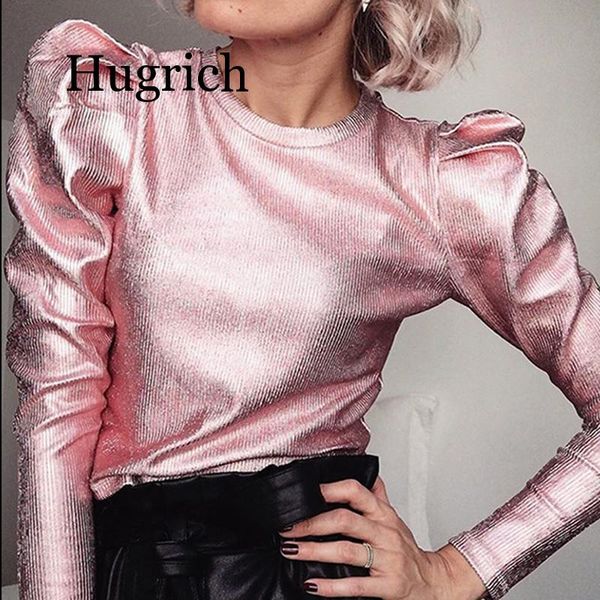 

2020 slim fit o-neck fashion velour puff long sleeve spring women gold silver autumn shirts velvet blouse streetwear, White