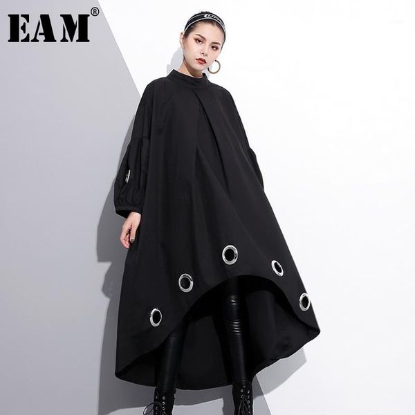 

eam] 2019 new spring round neck long sleeve solid color black metal ring big size hollow out dress women fashion tide je292011, Black;gray