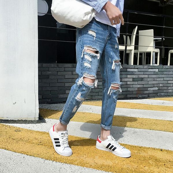 

men's jeans wholesale 2021 fashion teenagers ripped korean style slim beggar pants teenager students straight leg pencil, Blue