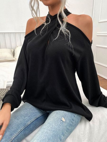 

solid cold shoulder tee u3gk#, White