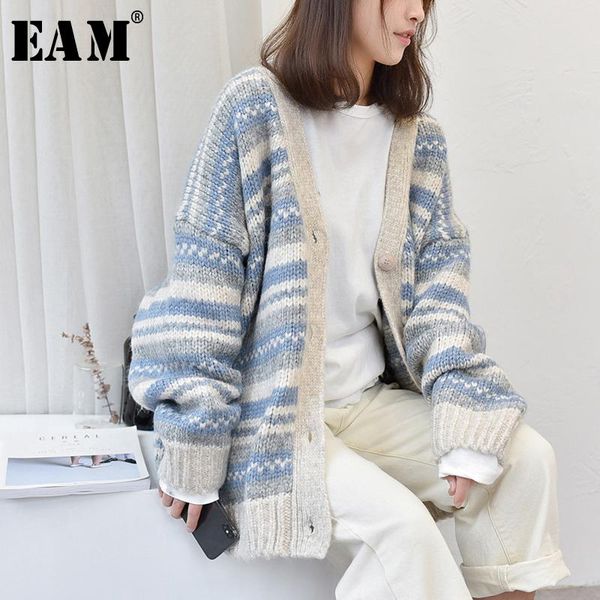 

eam] striped big size knitting cardigan sweater loose fit v-neck long sleeve women new fashion tide autumn winter 2021 1y154, White