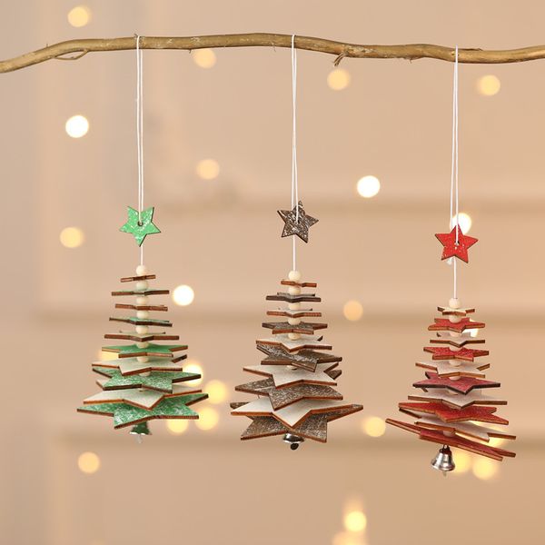 

new wooden christmas pendant creative five-pointed star snowflake bell christmas tree hanging small ornaments party colorful decor vt1816