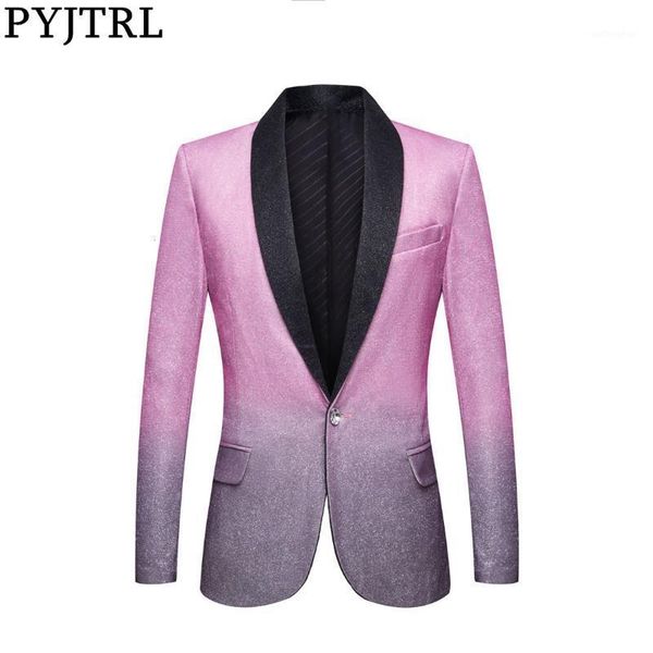 

pyjtrl mens wedding groom stylish shalw lapel gradient color shiny pink gray slim fit blazer stage singer prom dress suit jacket1, White;black