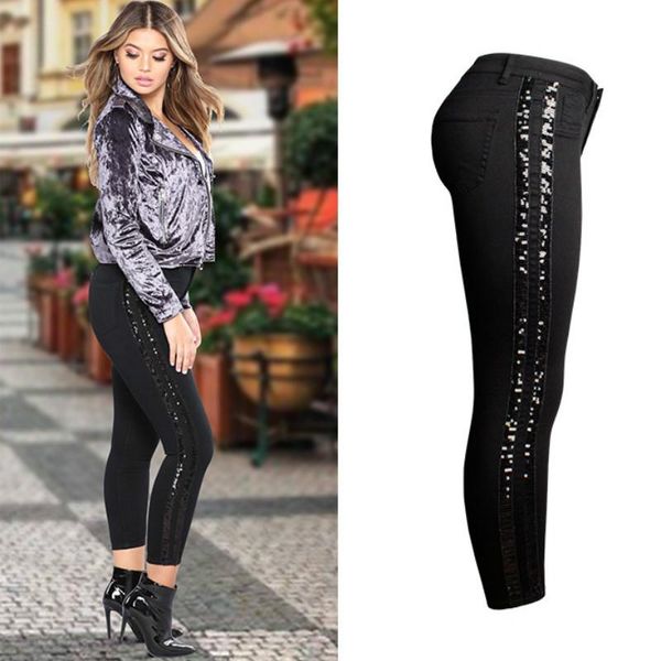 

блестки боковые полосы черный узкие джинсы женщины high street англия тонкий push-up джинсовые штаны mujer мода срощенной vaqueros mujer, Blue