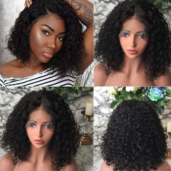 

curly short bob 13x4 lace front human hair wigs preplucked for black women kinky deep water wave frontal virgin wig, Black;brown