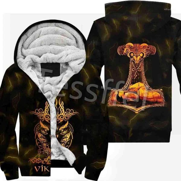 

3d printed pirate viking tattoo winter hoodies men fleece warm hood thick coat zipper men's hoodies jacket style-51, Black