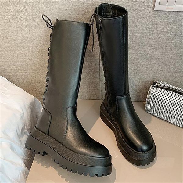 

2020 winter fashion women warm fur over the knee boots thigh high long riding boots leather low heels lace up flat shoes, Black