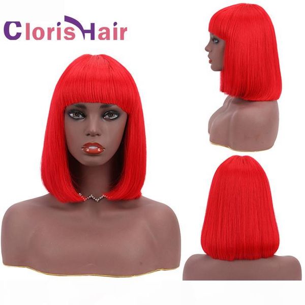 

red human hair bob wig pixie cut malaysian remy straight non lace wigs with bangs for black women 150% red colored glueless short bob wig, Black;brown