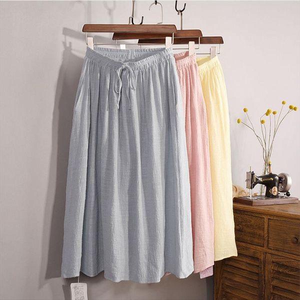 

womens brief high waist linen midi skirts spring ladies casual elastic waisted bows side pockets 12 colors skirt saia sk46, Black