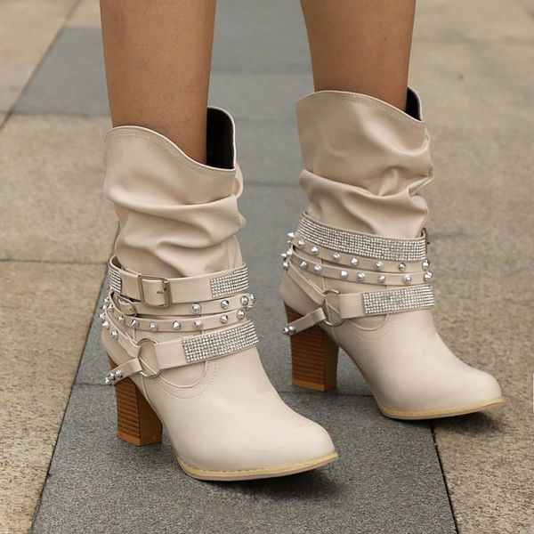 

women fashion pu punk draped round toe high heel ankle boots metal decoration boots buckle autumn winter ladies shoes, Black