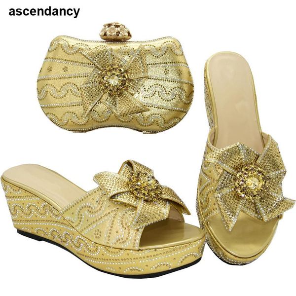 

new arrival african rhinestone sandals footwear women shoes and bag set italian shoe and bag to match wedding party, Black