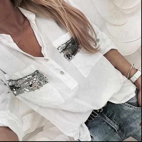 

2018 new women white blouse long sleeve button down low cut blouse white casual shirt fashion clothes