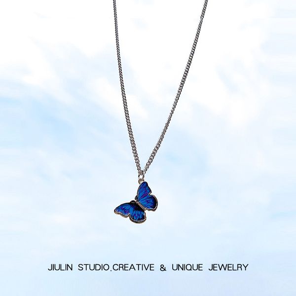 

ins blue butterfly necklace lisa same hip hop pendant net red color fast clavicle chain tide, Silver