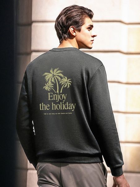

men coconut tree & slogan graphic sweatshirt c9gb#, Black