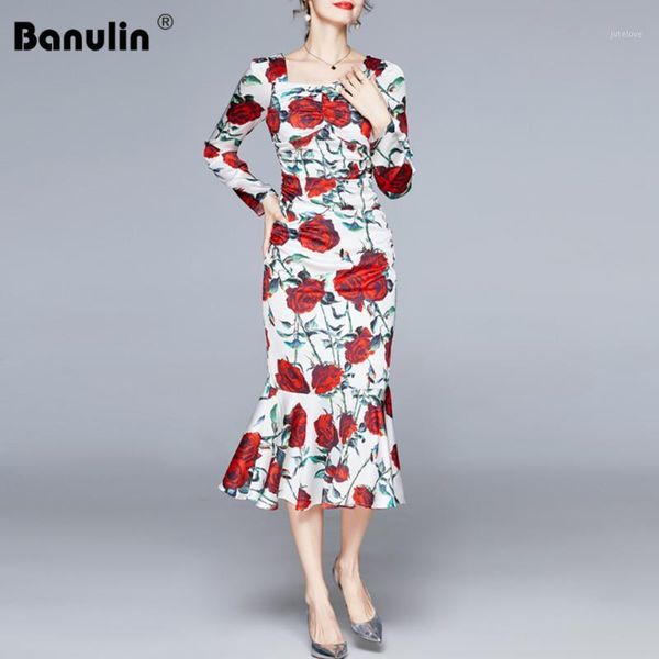 

banulin spring autumn runway rose floral pleated mermaid dress women long sleeve square collar flower print beach bodycon dress1, Black;gray