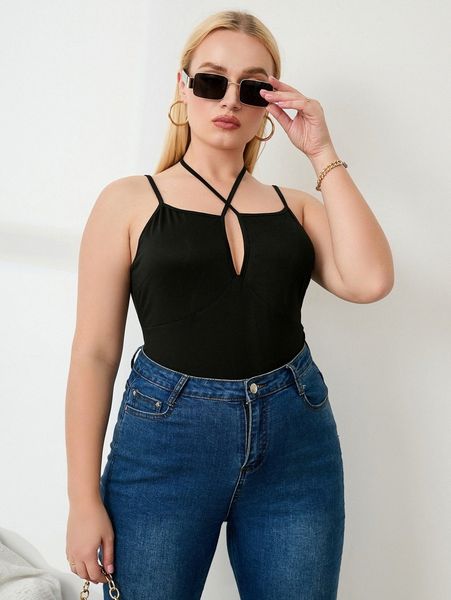 

plus crisscross front tie back cami bodysuit w2ye#, Black