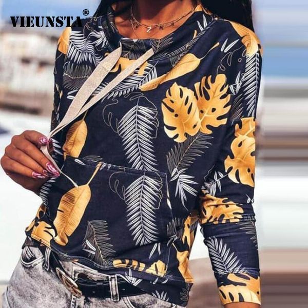 

retro leaves print drawstring hoodie sweatshirt women elegant o neck pullover 2020 autumn long sleeve pocket harajuku hoodie, Black