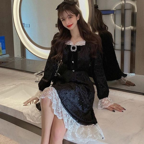 

jxmyy french chic heavy diamond small black dress stitching sequin lace square neck long sleeve dress #or7u, Black;gray