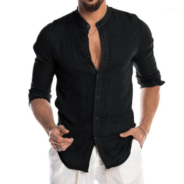 

men shirts o-neck button beach long sleeve blouse cotton linen comfortable breathable solid 2020 fashion casual male shirt1, White;black