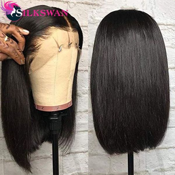 

lace wigs silkswan straight bob 13x4 front brazilian human hair cut remy pre plucked with baby, Black;brown