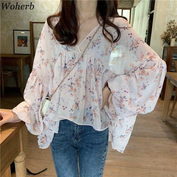 

woherb 2020 summer chiffon blouse women lantern sleeve floral print korean oversize loose elegant blusas mujer1, White