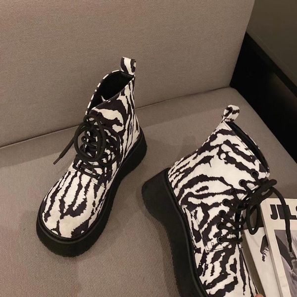 

zebra pattern platform boots женщины круглый носок коренастые сапоги на каблуках ботильоны для женщин круженные удар по перекрестному завязк, Black