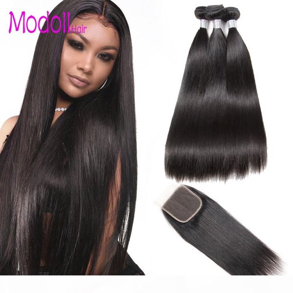 

бразильские прямые человеческие волосы пучки с closure бразильского девы волос 3 4 связки с кружевом затворы remy человеческих волосами пучк, Black;brown