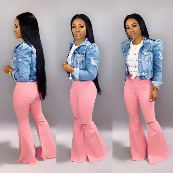 

skinny high waist ripped jeans women flare pants big size bootcut denim fashion bell bottom femme push up pink mom trousers1, Blue