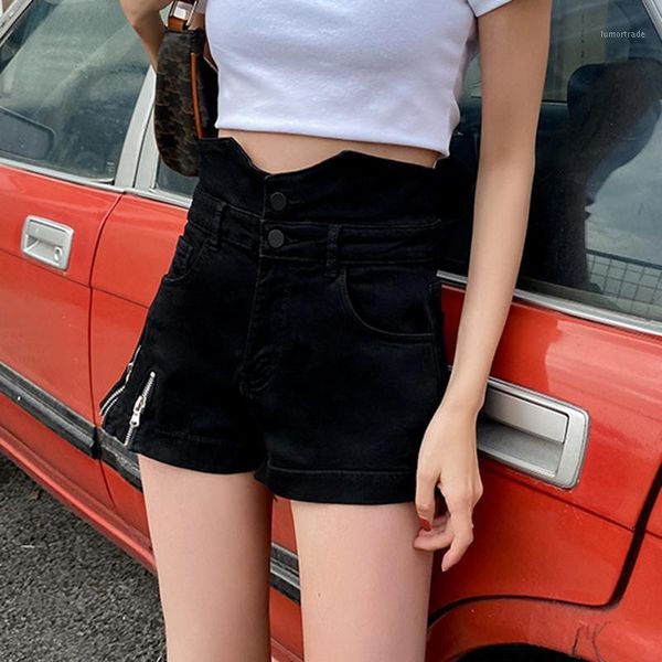 

women's jeans black curly high waist denim shorts women are thin in the summer of 2021 white wild a-line loose student pants1, Blue
