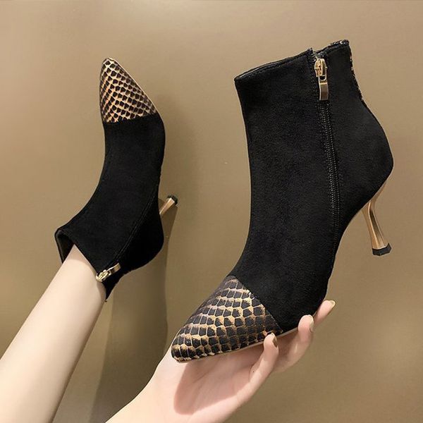 

2021 new ankle boots women winter shoes autumn fur plush warm ladies thin heels suede botas mujer fashion pointed toe 7j09, Black