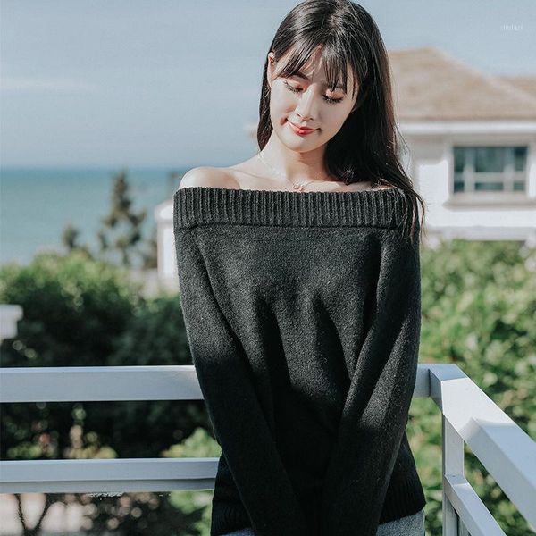 

elegant slash neck long sleeve autumn knitted sweater women pullover sweaters korean style winter loose pink jumper knitwear1, White;black