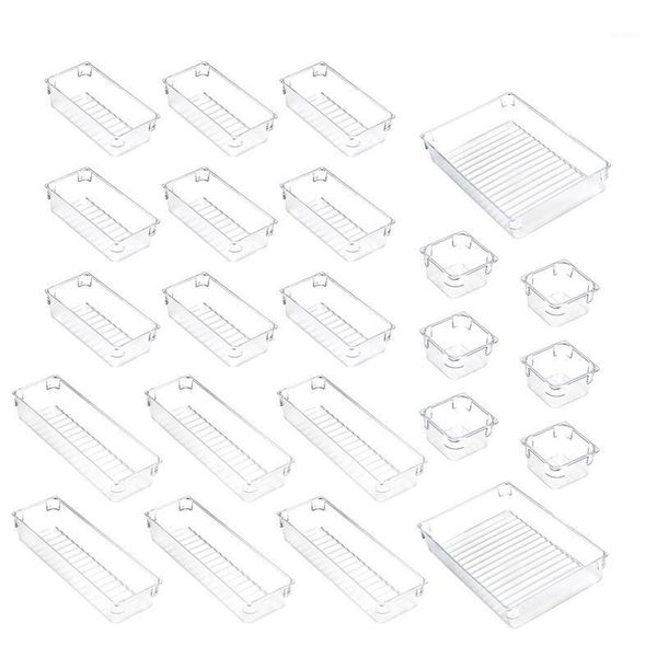Set mit 23 Organizer-Tabletts für Schreibtischschubladen mit Aufbewahrungsboxen aus durchsichtigem Kunststoff in 4 Größen, Trennwand, Make-up für Bürotaschen