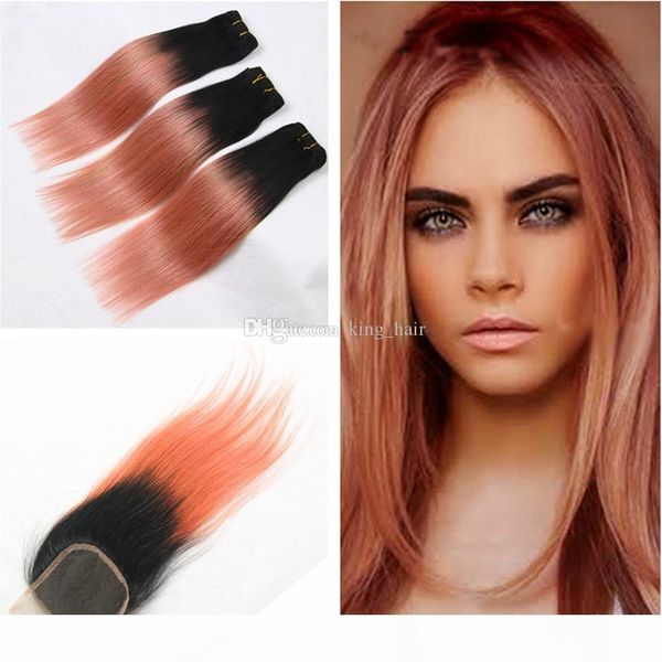 

rose gold ombre straight human hair with closure brazilian virgin 1b rose gold hair weft with closure 4x4 4pcs lot, Black;brown