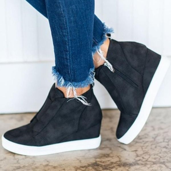 

fashion women pu leather elevator shoes female wedge flat shoes solid walking sneakers ladies zipper platform1, Black