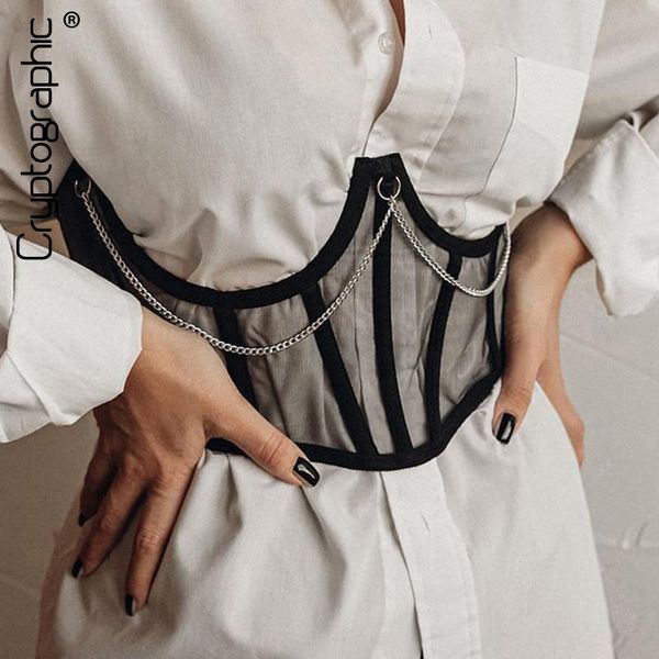 

cryptographic chic fashion statement sheer mesh chain corset belt boned harness push up corset club party cupped cummerbunds, Black;brown