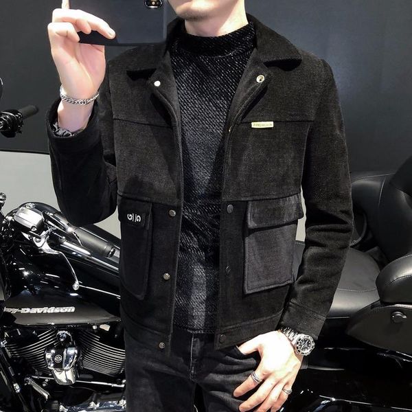 

men's wool & blends fashion long-sleeved gentleman splicing pockets woolen jacket 2021 korean casual mens trench coat men winter, Black