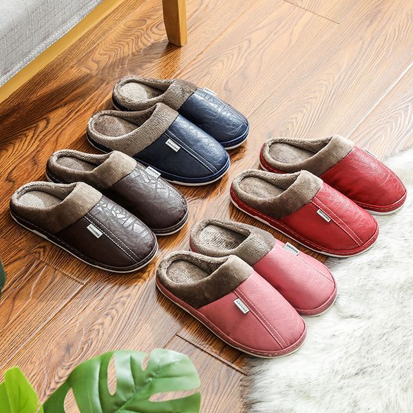

winter home furnishing female plush warm indoor non-slip cotton fashion couple waterproof pu leather slippers x1020, Black