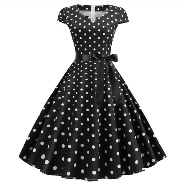 

черный белый горошек vintage платье лето женщины цветочные печати с коротким рукавом rockabilly платья до колен длина партии платье, Black;gray