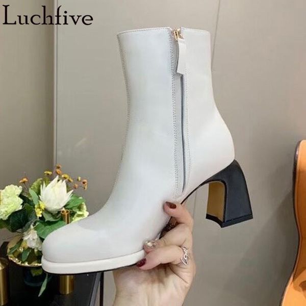 

странные копыт каблуки женщин сапоги круглый носок женская обувь sexy zipper boots femme мода черный белый лодыжка, Black