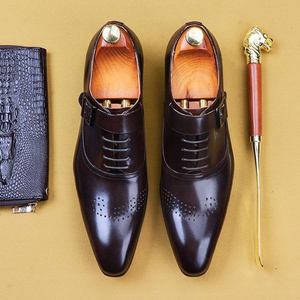 

men dress shoes fashion formal brogue shoes genuine leather lace up bluckle strap office business party wedding a109, Black