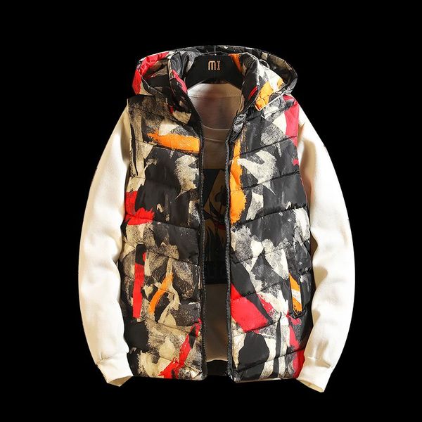 

zipper winter camo sleeveless jackets streetwear fashion men's hooded vest autumn warm style vest for men and women, Black;white