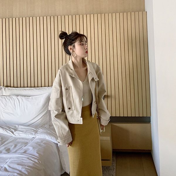 

2021 new autumn women big pocket faux soft leather jacket female short rivet biker black coat lu5o