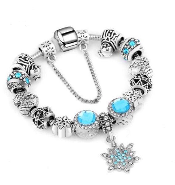 

18-21cm new charm bracelet 925 silver fit pandora european bracelets blue crystal snowflake dangle heart pendant charm bead accessories diy, Black