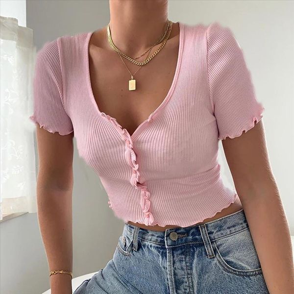 

summer women blouses ribbed knitted short sleeve solid v neck button up cropped shirt female beach holiday casual blouse, White