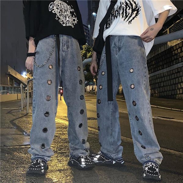 

men's jeans nice summer net red with the same paragraph broken copper retro tide male style loosewideleg fashionharajukupersonalityjean, Blue